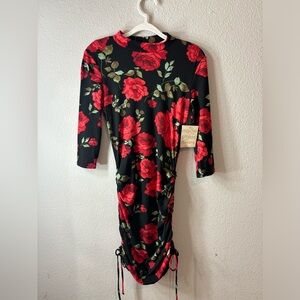 NWT TIMING Red and Green Floral Rose Ruched Bodycon Dress Mock Neck Medium